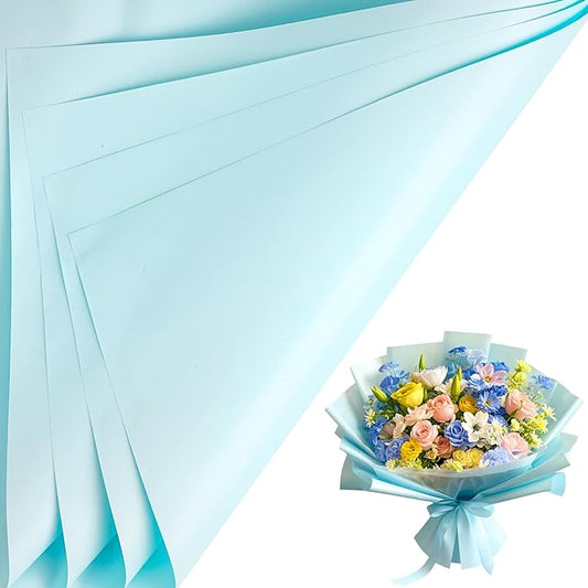 LeZakaa 20 Sheets Flower Wrapping Paper - Waterproof Reversible Floral Bouquet Paper - Sky Blue Design for Father's Day, Graduation, Party, Holiday