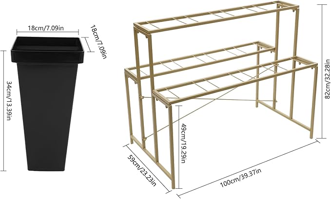 Flower Display Stand with 12 Pcs Buckets 3 Layers Metal Plant Stand Plant Cart Shelf Flower Bucket Rack Stand for Indoor Florist Garden Patio (Gold Stand-Black Square Buckets)