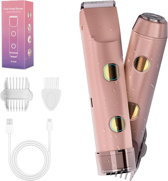 2-in-1 Bikini Trimmer for Women, Bikini Shaver with Dual Heads, Body and Facial Hair Removal, Cordless Rechargeable Electric Razors for Face Chin Pubic Underarm Legs, IPX7 Waterproof, Pink