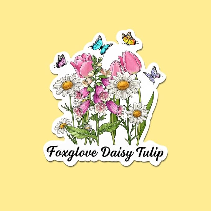 HANDICHI Design 5-Pack 2 Inch Foxglove Daisy Tulip Stickers – Floral Vinyl Decals, FDT Bumper Stickers, Waterproof Aesthetic Flower Sticker Pack for Laptops, Water Bottles, Journals