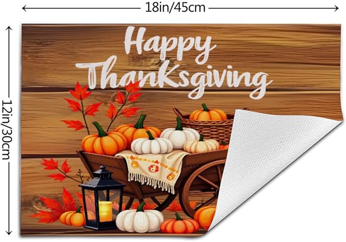 PVC Placemats Set of 4 Wipeable Table Mats Washable Heat Resistant Non Slip Vinyl Dining Table Mat for Kitchen Indoor Outdoor Patio Farmhouse Place Mats Thanksgiving Pumpkin Cart Decorative