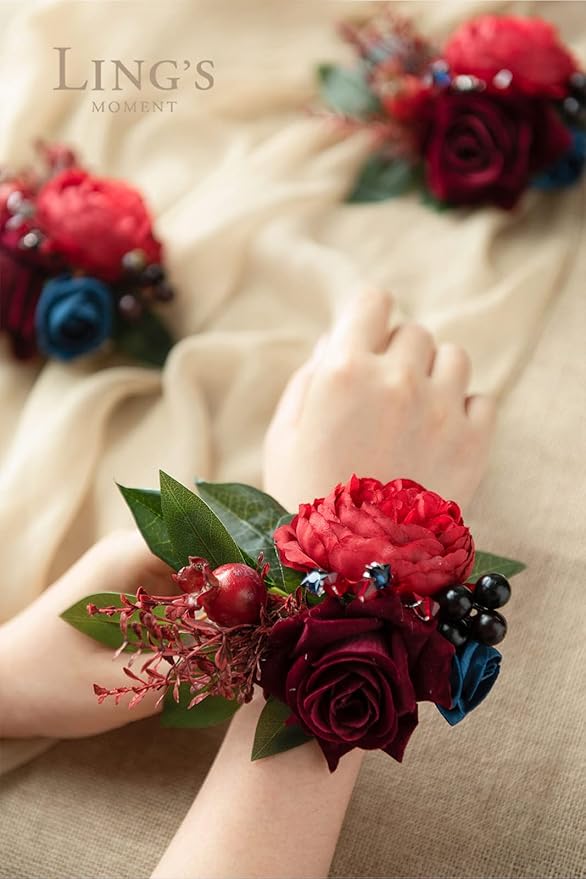 Ling's moment 6pcs Wedding Wrist Corsage Artificial Flowers, Girl/Mother Homecoming Prom Corsages Wristlet Décor, etc. Burgundy and Navy Blue