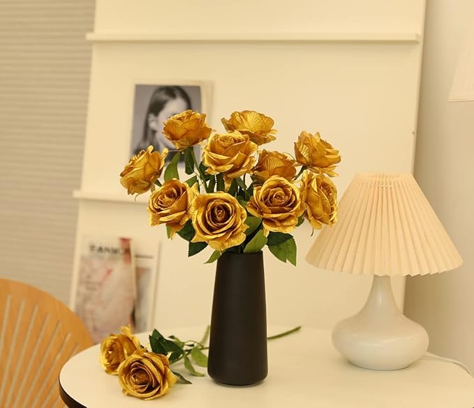 12 PCS Artificial Flowers Gold Roses Fake Silk Flower Long Stem Artificial Roses for Home Wendding Bathroom Party Decorations (Gold)