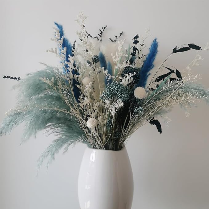 Natural Dried Pampas Grass Bouquet, 17" Blue Pampas Grass, Lavender Decor, Bohemian Style Family Wedding Country Farmhouse Decorated with Dried Flowers