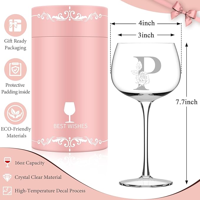Personalized Gifts for Women, Monogrammed A-Z Wine Glass Customized Gift, Unique Christmas Birthday Gifts for Women Her Mom Friend Sister Wife Daughter Nurse (P)