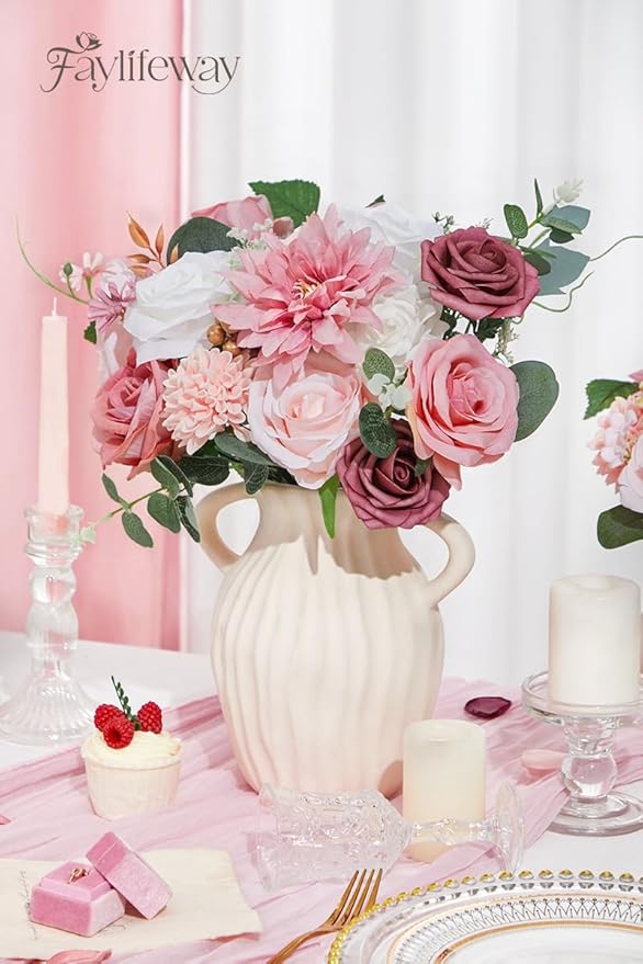 Artificial Flowers, 2PCS Silk Pink Flowers for DIY Wedding Bridal Bouquets, Fake Cake Flowers for Centerpieces,Baby Shower, Table Arrangement, Home Party Decorations