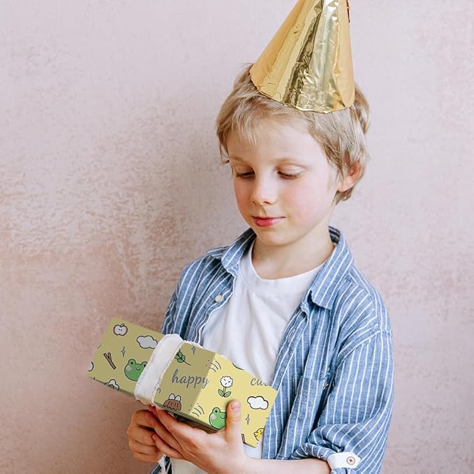 Geluode Frog Wrapping Paper for Kids Boys Girls, 4 Folded Sheets Cute Frogs Chick Daisy Flower Apple Design Yellow Wrapping Paper for Birthday Baby Shower - 20x28 Inches