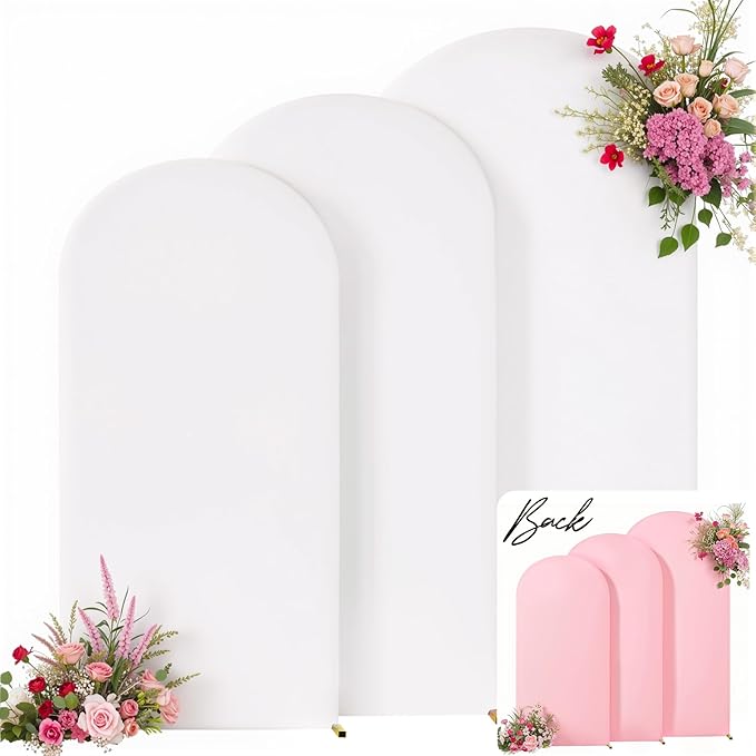 White and Pink Arch Backdrop Cover 7.2FT 6.6FT 6FT Arch Covers Stretchy Backdrop Set of 3, Wedding Arch Cover Spandex Fitted Double-Color Fabric Arch Covers for Party Baby Shower Birthday Decoration