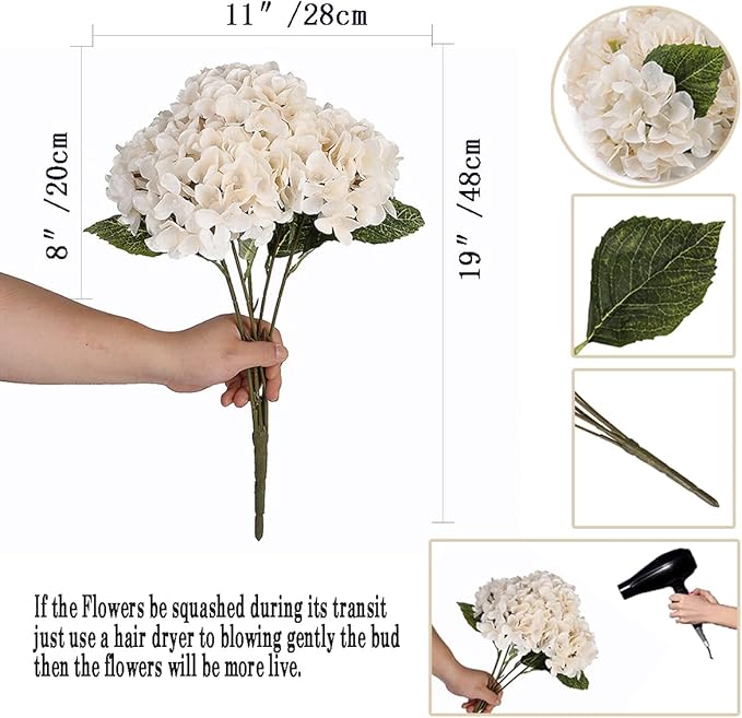 2Bouquets Artificial Fake Flowers Plants Silk Hydrangea Arrangements Wedding Bouquets Decorations Plastic Floral Home Kitchen Garden Party Festival Bar DIY (Ivory White, 5 Flower Heads)