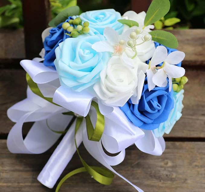 Lightweight Bridal Wedding Bouquet Round Holding Bouquet Throw Toss Artificial Rose Flower Bunch for Bride Bridesmaid Wedding Quinceanera (White, Royal Blue & Light Blue, 6.7")