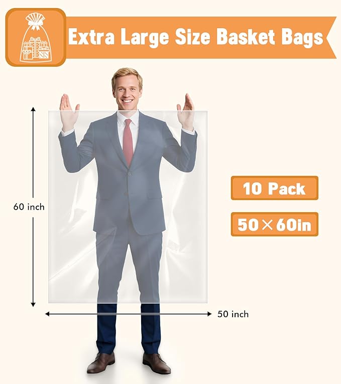 Yuiicaov 10PCS Extra Large Cellophane Bags, 50x60 Inches Clear Cellophane Wrap for Gift Baskets, Jumbo Huge Clear Gift Bags, Packaging Christmas Gifts 2.8 Mil Thick