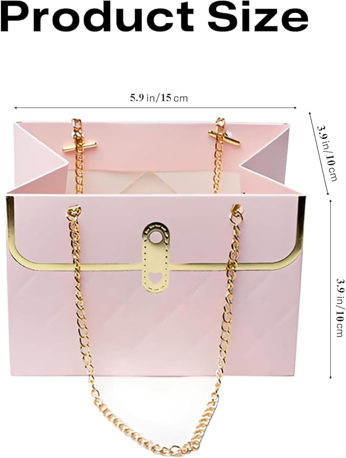 Jemattely 4 Pcs Flower Paper Gift Bag,Bouquet Portable Flower Handbag Box with Metal Chain Rectangle Wedding Gift Wrap Bag Small Florist Carrier Bag for Arrangements Valentine's Day Birthday Etc-Pink