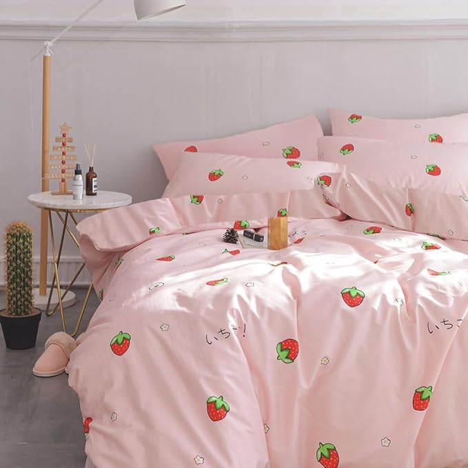 AOJIM Pink Kids Duvet Cover Set Cute Style, Pure Cotton Anime Bedding Comforter Cover Set 3pcs with Zipper Closure, 1 Super Soft Strawberry Duvet Cover and 2 Pillowcases for Room Decor, Twin XL Size
