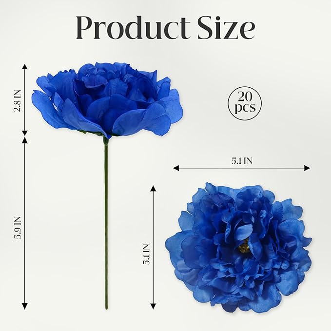 20pcs 5" Artificial Flower Peonies, Silk Peonies with 6" Stems, Flowers Suitable for Wedding Bouquets, Home Party Decoration (Dark Blue)