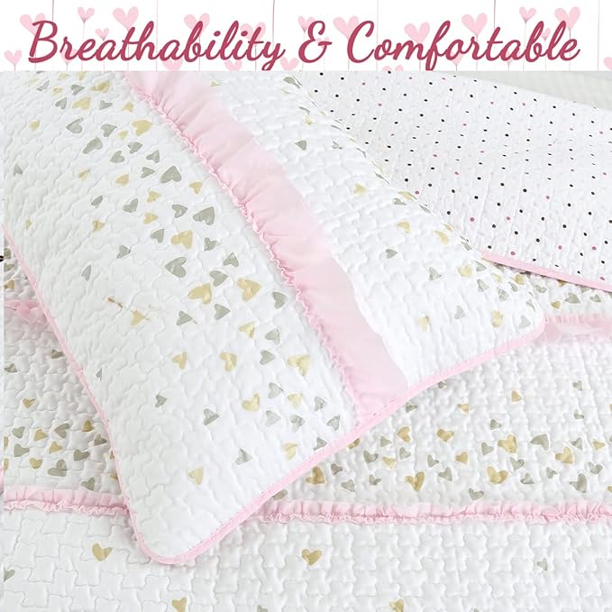 Cozy Line Home Fashions Pink Ruffle Gold Hearts Girl 100% Cotton Reversible All-Season Coverlet, Bedspread, Quilt Bedding Set (Sparkling Hearts, Queen - 5 Piece: 1 Quilt + 2 Shams + 2 Decor Pillows)
