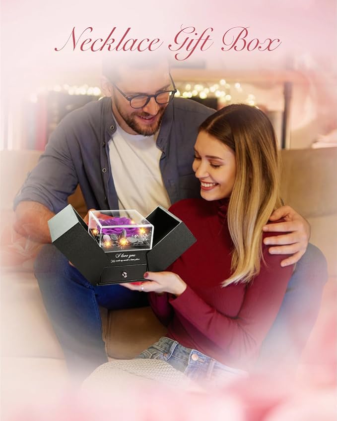 Birthday Gifts for Women, Preserved Real Roses with Heart Necklace I Love You in 100 Languages, Romantic Anniversary Wedding Gifts for Women Her Girlfriend Wife, Forever Roses Necklace Gift Box Purple