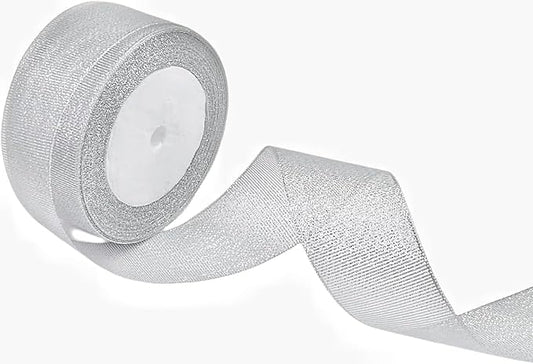 1.5 inch 25 Yards Silver Metallic Glitter Ribbon Gift Wrap Ribbon for Gift Wrapping Bouquet Crafts Christmas Wedding Party Decoration