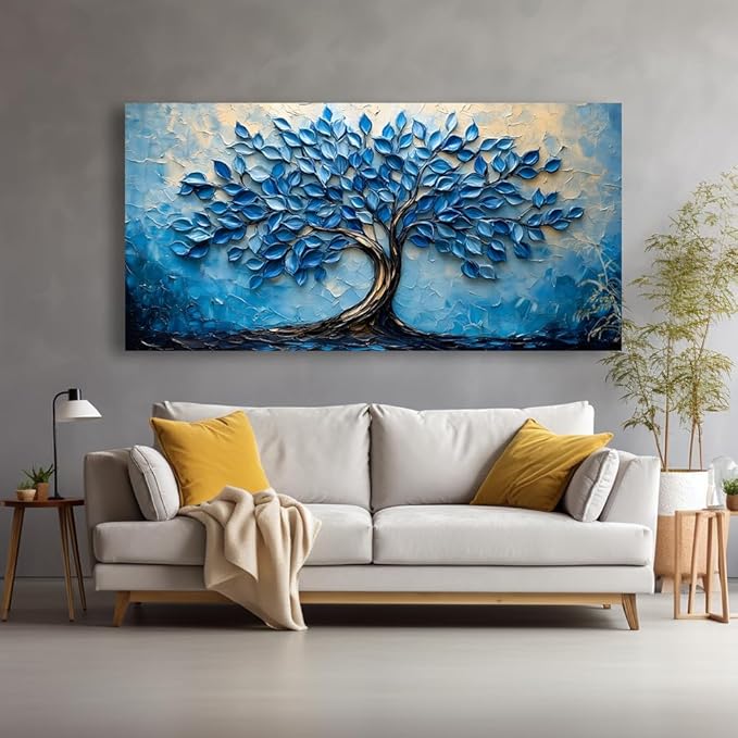 LAVIKARS Modern Tree of Life Wall Art for Living Room Office Navy Blue Abstract Oil Landscape Canvas Painting Prints Large Nature Artwork Home Kitchen Bedroom Decor (28x58 Inches)