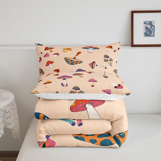 Castle Fairy Retro Trippy Mushroom Comforter Set Full Size,Hippie Plant Bedding Comforters for Girls Teens Gift,60s 70s Cartoon Style Quilt Set with 2 Pillowcases,Chic