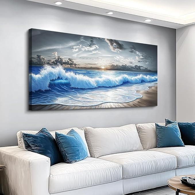 PHAOHUAXM Large Canvas Printed Artworks Mural Wall Decor For Living Room Wall Art For Bedroom Office Decor Black White And Blue Ocean Wave Landscape Painting Modern Home Decor Ready To Hang 30"X60"