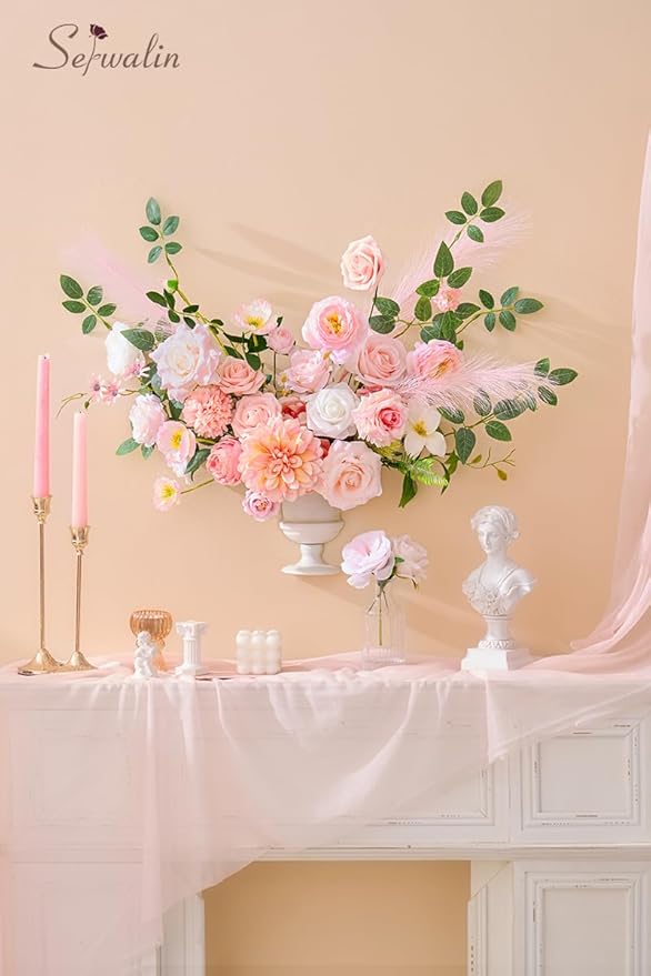 Serwalin Artificial Silk Flowers Blush Pink, Fake Flowers Stems for Wedding Bouquets DIY, Baby Shower Centerpieces, Cake Decor, Birthday Party & Home Decor (Pale Pink)