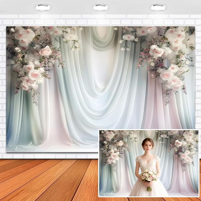 Leowefowa Floral Backdrop for Wedding Decor Pink Rose Flower White Curtain Wall Photography Background for Baby Shower Wedding Anniversary Ceremony Party Decorations Banner Studio Props 10x8ft Vinyl
