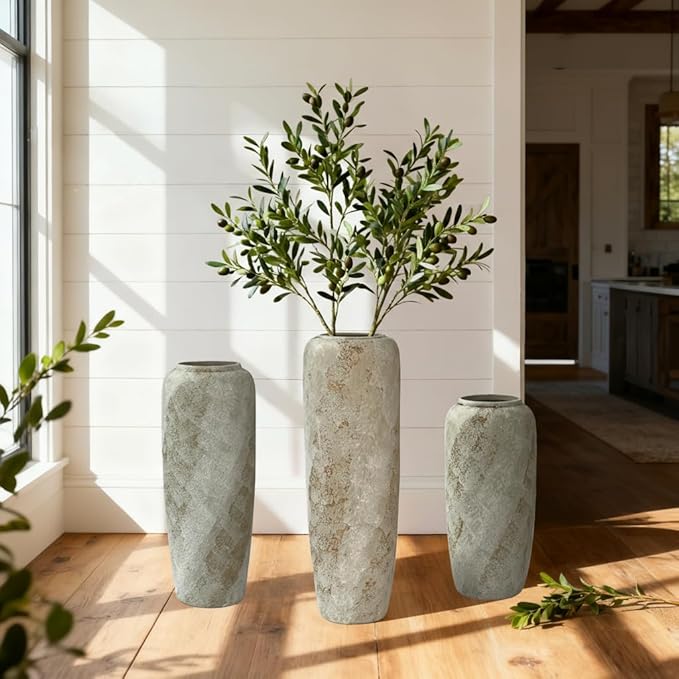23.6 Inch Rustic Ceramic Tall Floor Vase, Slim Tapered Rustic Farmhouse Vase for Dried Stems & Pampas, Neutral Beige Decorative Vase for Living Room