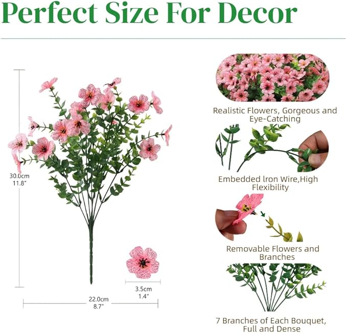 12 Bundles Artificial Flowers for Outdoor, UV Resistant Faux Mums with Eucalyptus Leaves Fake Plants for Outdoor Planters Greenery Boxwood Porch Patio Decoration