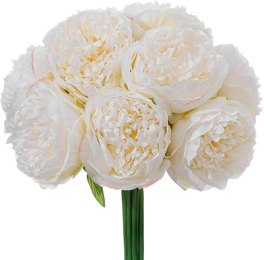 10PCS Off White Realistic Artificial Flowers Peony Fake Silk for Home Office Wedding Table Centerpieces Party Festival Bar Decoration Indoor
