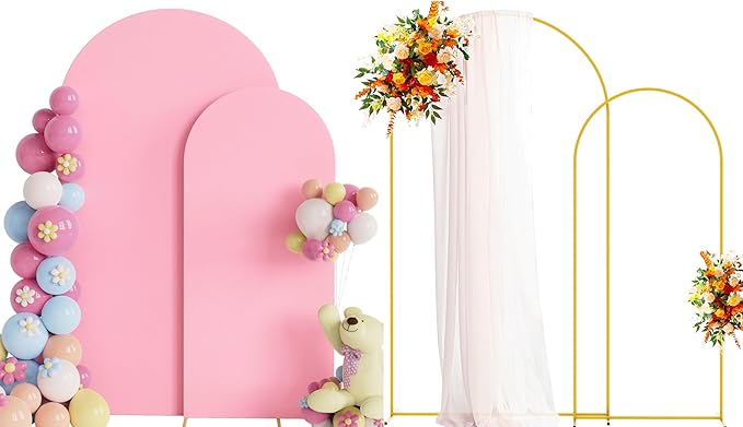 Putros Metal Arch Stand with Cover Set of 2 Pink Spandex Fitted Wedding Arch Cover and Round Top Chiara Backdrop Stand for Birthday Party Baby Shower Decoration 7.2FT, 6FT