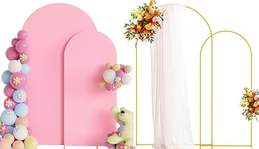 Putros Metal Arch Stand with Cover Set of 2 Pink Spandex Fitted Wedding Arch Cover and Round Top Chiara Backdrop Stand for Birthday Party Baby Shower Decoration 7.2FT, 6FT