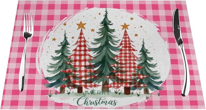 PVC Placemats Set of 4 Wipeable Table Mats Washable Heat Resistant Non Slip Vinyl Dining Table Mat for Kitchen Indoor Outdoor Patio Farmhouse Place Mats Pink Grid Christmas Tree Decorative