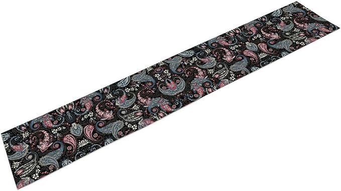 Bohemian Table Runner, Black Blue Pink Paisley Floral Boho Decor Table Runner for Kitchen Dining Home Party, 13x60 Inch