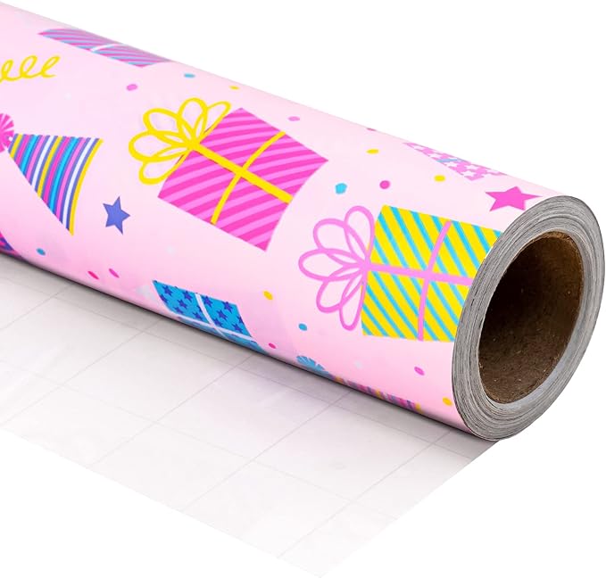 WRAPAHOLIC 30 Inch Girl Birthday Wrapping Paper - Pink Girl Wrapping Paper for Birthday, Holiday, Party, Baby Shower - 30 Inch x 33 Feet