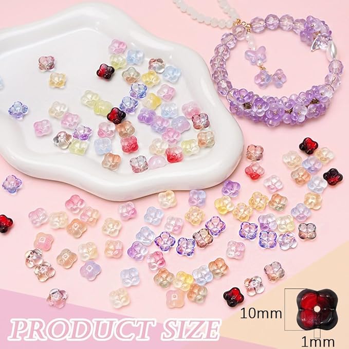 100PCS Glass Flower Beads for Jewelry Making 4 Petal Flower Bead Caps Gradient Cute Floral Beads Aesthetic Charms for Necklace Bracelets Earrings DIY Craft Home Decoration-Green