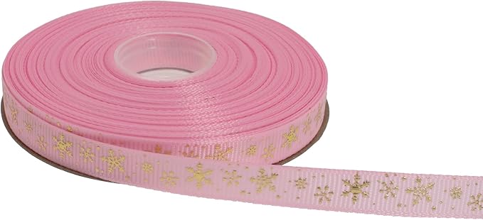Gold Printing Snowflake Grosgrain Ribbon 25 Yard Each Roll 100% Polyester Woven Edge (3/8", Pink)