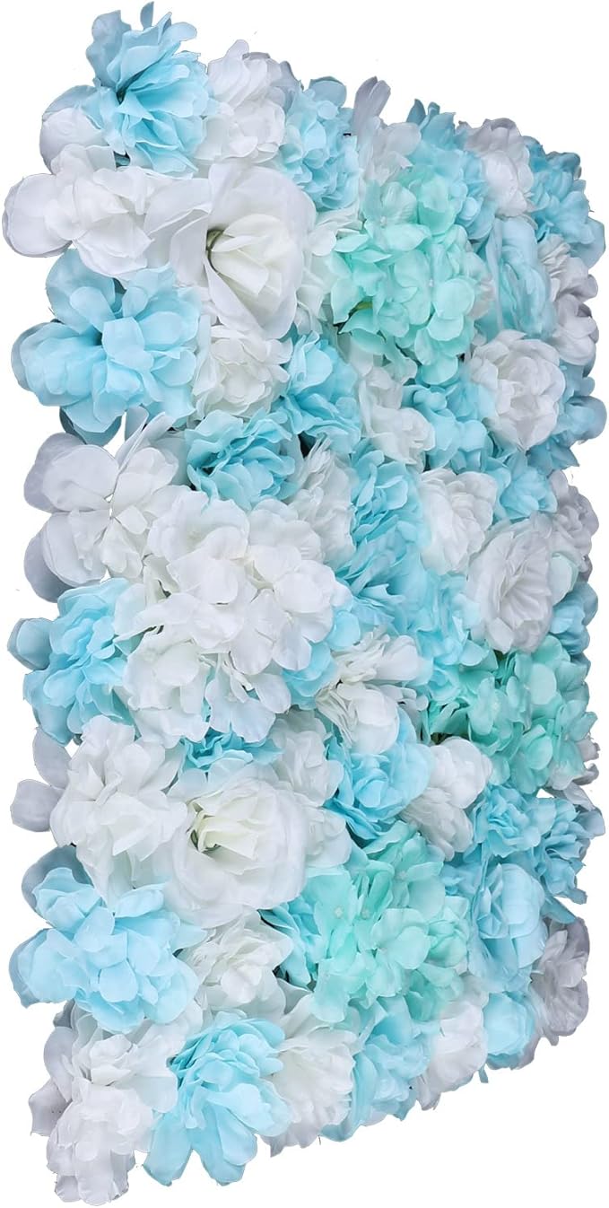 12PCS Flower Wall Panels, 3D Silk Floral Wall Backdrop, Realistic Blue Rose Hydrangea Flower Backplanes, Roll Up Fake Flower Background for Valentines Wedding Party Home Decoration