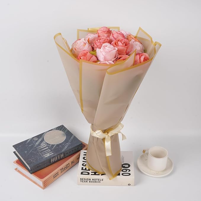 Kosotody 20 Sheets Flower Wrapping Paper Waterproof Florist Bouquet with Ribbon for Bouquets DIY Crafts Packaging Bouquet, 22.8x22.8 inch (Grey Khaki)…