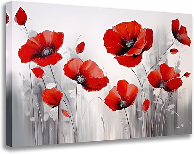 GLOKAK Red Poppies Wall Art - Modern Floral Red Poppy Flower on Grey Background Painting - Poster Canvas Print Artwork for Home, Bathroom, Bedroom Decoration (18"x12")