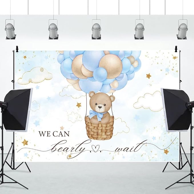 ChloropLastid We Can Bearly Wait Baby Backdrop Boy Bear Hot Air Balloon Baby Shower Photography Background Blue Balloons Clouds Stars Baby Party Cake Photo Decoration 7x5ft