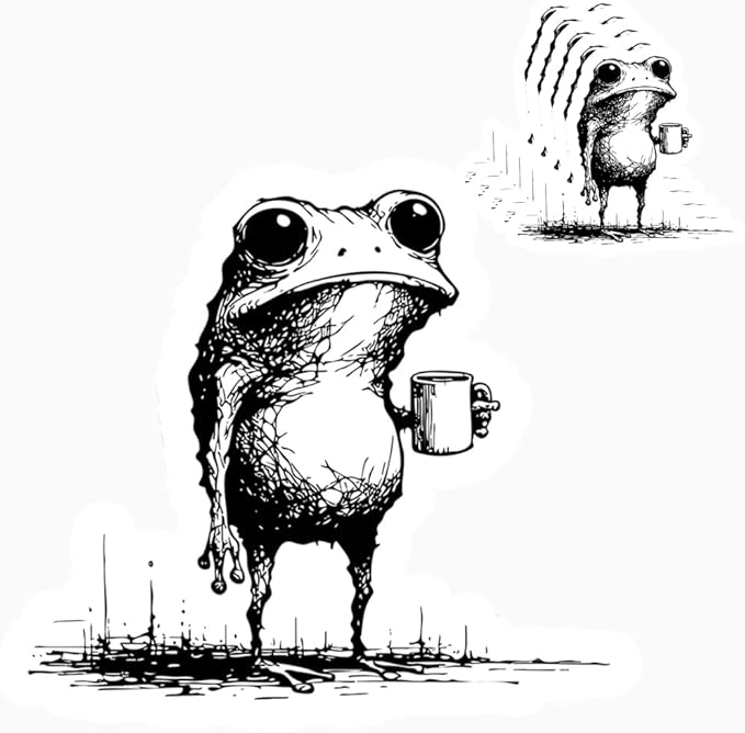 HANDICHI Design 5-Pack 4 Inch Funny Coffee Frog Stickers – Grunge Meme Vinyl Decals – Tired Frog Holding Coffee Cup Aesthetic Sticker Pack for Laptops, Water Bottles, Journals, and Scrapbooks