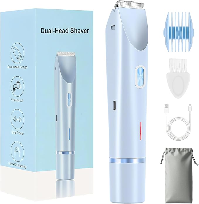 2025 New 2 in 1 Bikini Trimmer for Women, Bikini Shaver with Dual Head, Painless Smooth Shave & Gentle Pubic Hair Removal, Cordless & IPX7 Waterproof Electric Trimmer for Sensitive Skin (Blue)