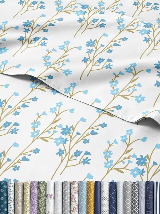 Floral Sheets - Blue Floral Bed Sheet Set - 1 Flat, 1 Fitted & 2 Pillowcases w/ Deep Pockets - Comfy, Wrinkle & Fade Free - Boho Botanical Bedding - Ultra-Soft, Breathable & Cooling - Queen Size Set