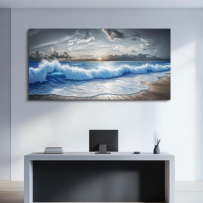 PHAOHUAXM Large Canvas Printed Artworks Mural Wall Decor For Living Room Wall Art For Bedroom Office Decor Black White And Blue Ocean Wave Landscape Painting Modern Home Decor Ready To Hang 30"X60"