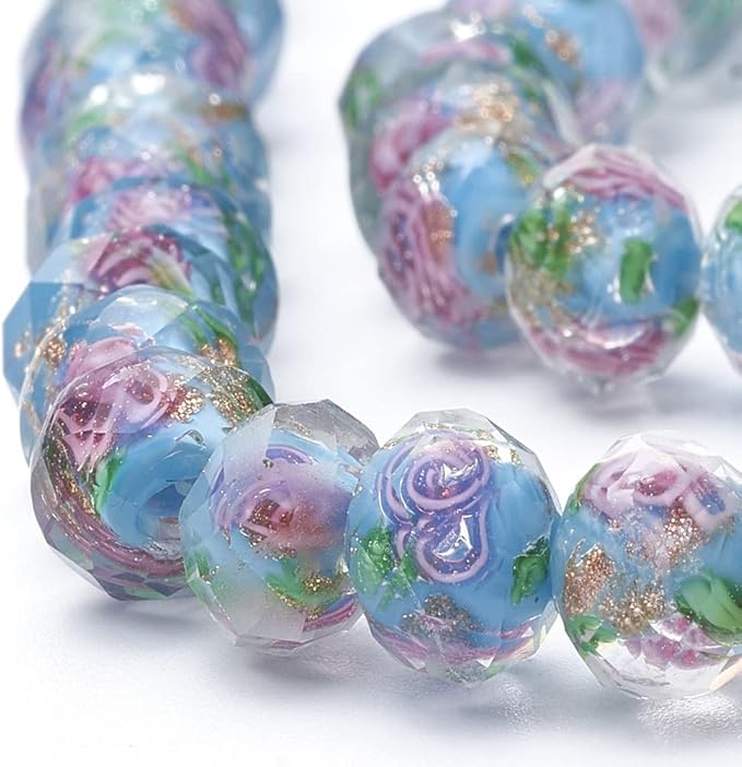 PH PandaHall 70pcs 6~8mm Gold Sand Lampwork Beads Glass Handmade Round Loose Beads for Rosary Making Jewelry Craft Making with 2mm Hole - Deep Sky Blue