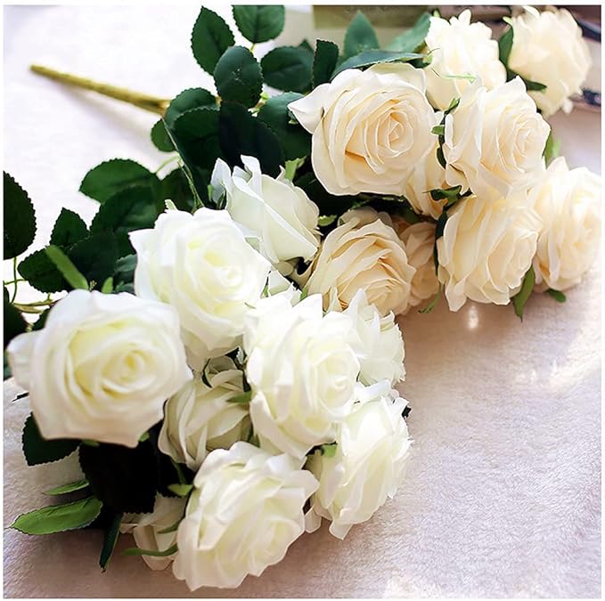 Jasion Artificial Roses 10 Heads 2.8" Flowers Arrangement Silk Bouquet for Home Office Parties Bridal Wedding Decoration (White)