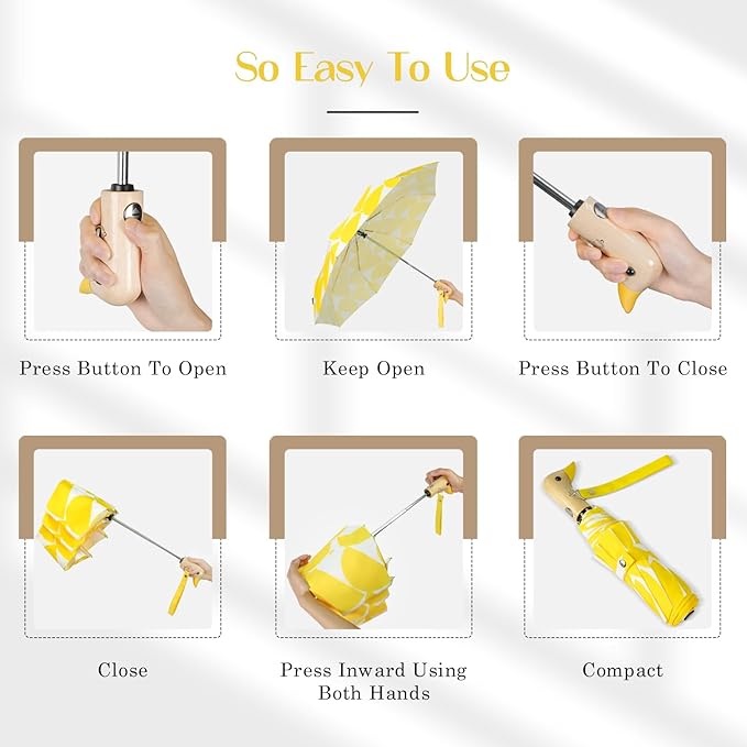 Cute Duck Umbrella Automatic - Compact Pretty Pocket Size Strong Duck Collapsible Umbrella Yellow Wooden Handle for Women