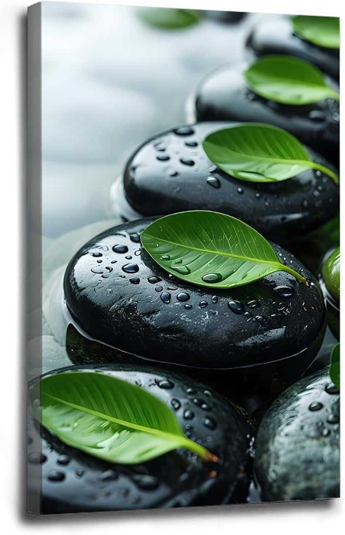 Glittering black stone cluster with fresh green leaves and water drops poster tranquil mist rain wall art zen wall art suitable for modern minimalist home decor 8x12in Wood Framed