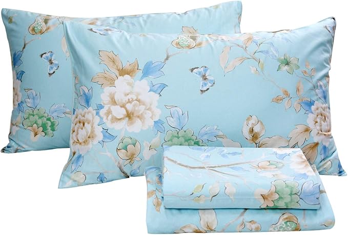 FADFAY Floral Bedding Shabby Blue Bird Print Bed Sheet Set Luxury Bedding Collections 800 Thread Count 100% Egyptian Cotton Deep Pocket, 4 Piece-Twin XL Size