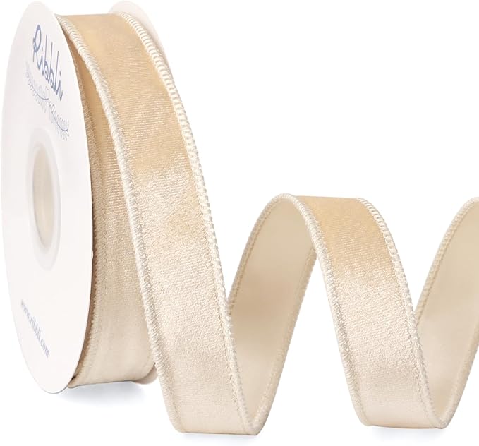 Ribbli Ivory Velvet Wired Ribbon 1 Inch Velvet with Satin Christmas Ribbon for Gift Wrapping Christmas Tree Decoration Crafts Wreaths Supplies-Continuous 10 Yards